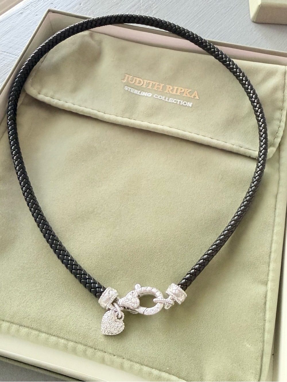 Judith Ripka Black Braided Leather Necklace with Pave Heart and Silver Toggle